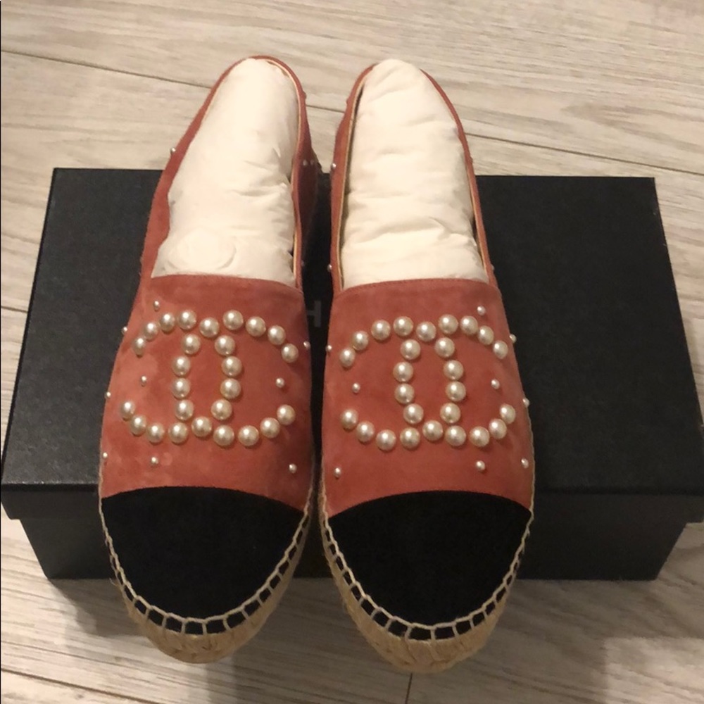 Chanel pearl espadrilles.